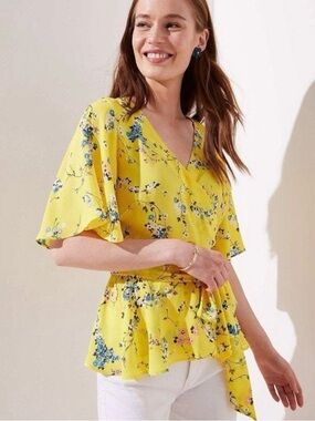 Loft Wrap Blouse Floral Yellow Flutter Sleeve Size Small